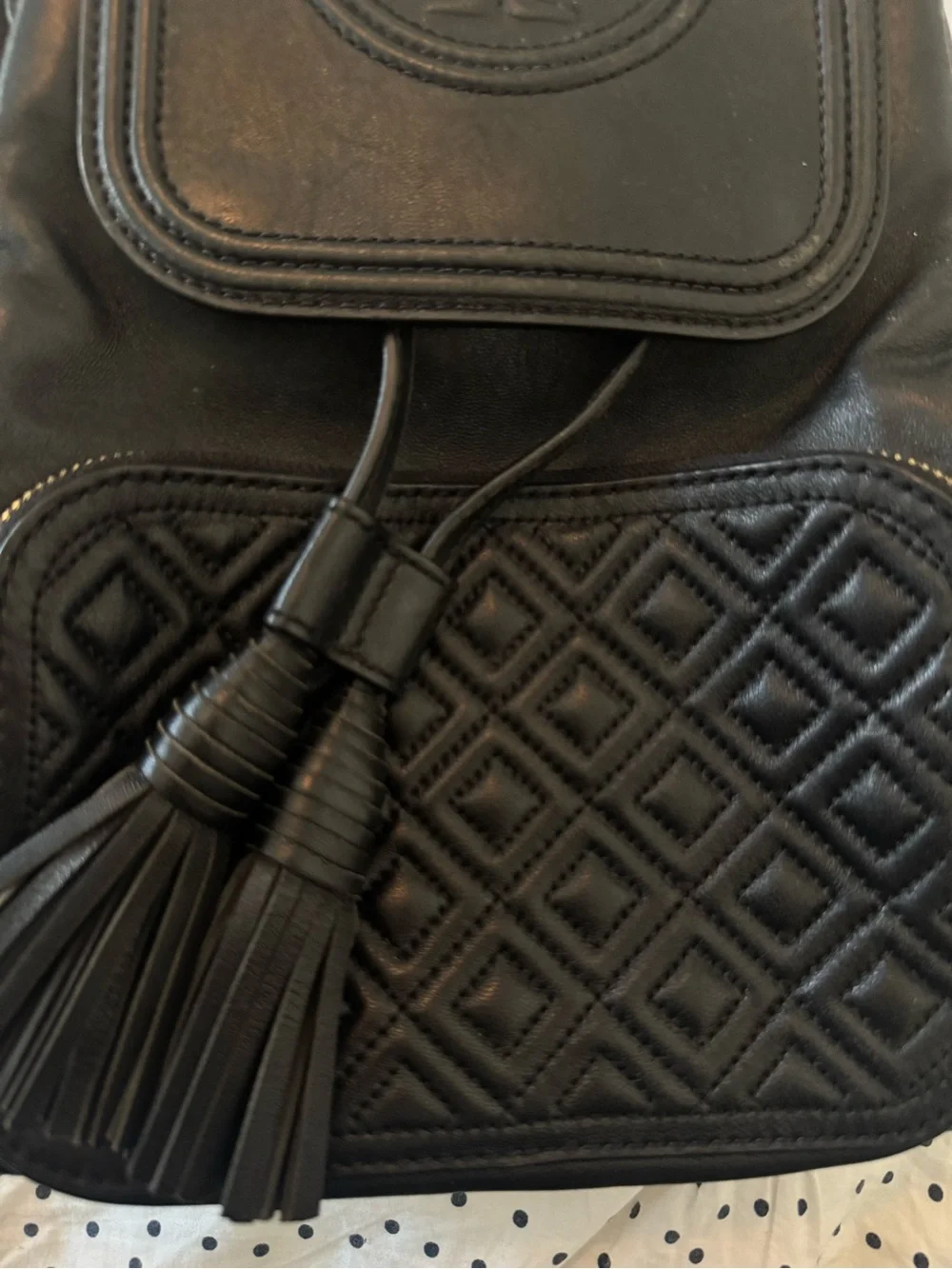 Tory Burch Black Quilted Front Pocket Leather Backpack with Tassels